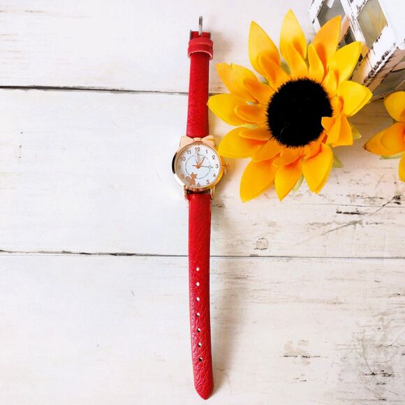 NEW Red Band Cat Face Watch Gold Tone Cat Ears Faux Leather - Picture 3 of 3